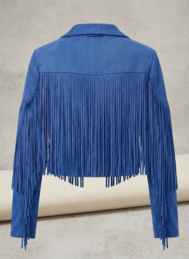 Blue Suede Fringe Jacket For Women Western Style Cropped Jacket 3 Blue Suede Fringe Jacket for Women Western Style Cropped Jacket back side