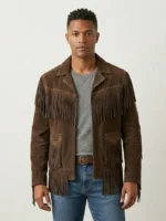 Brown Suede Fringe Jacket for Men Western Studded Style