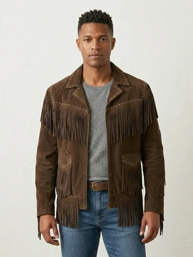 Brown Suede Fringe Jacket for Men Western Studded Style