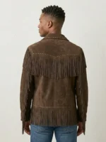 Brown Suede Fringe Jacket for Men Western Studded Style back side