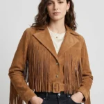 Brown Suede Fringe Jacket for Women Western Belted Style