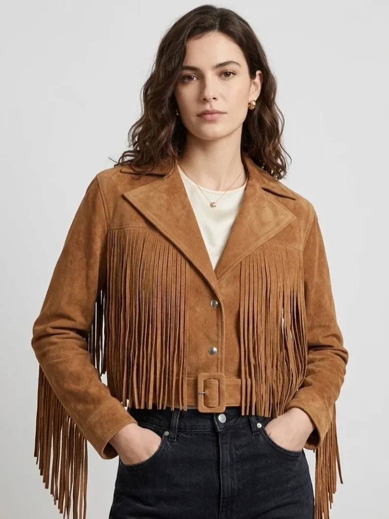 Brown Suede Fringe Jacket for Women Western Belted Style