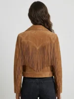 Brown Suede Fringe Jacket for Women Western Belted Style back side