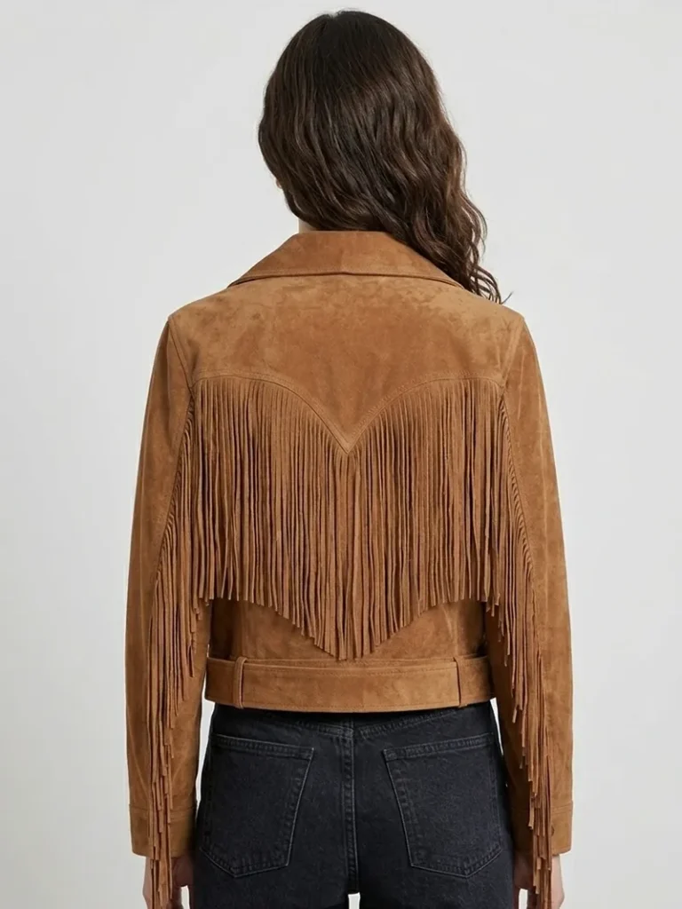 Brown Suede Fringe Jacket For Women Western Belted Style 3 Brown Suede Fringe Jacket for Women Western Belted Style back side