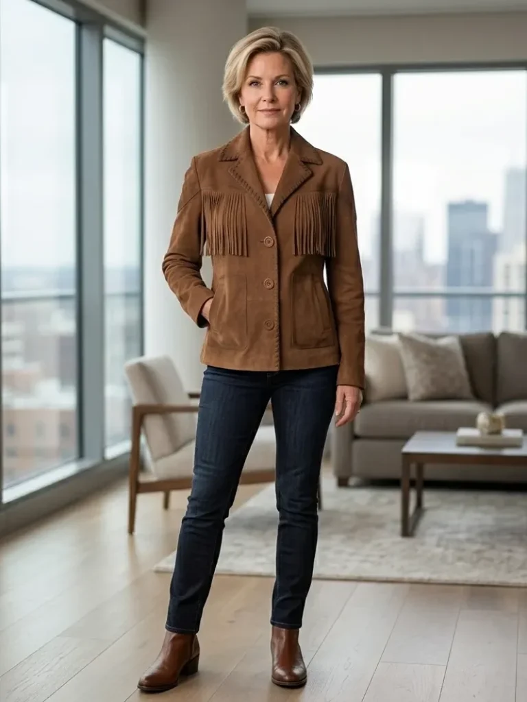 Brown Suede Fringe Jacket for Women Western Blazer Style women wearing