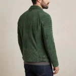 Men's Forest Green Suede Leather Biker Jacket with Quilted Shoulders - Image 2