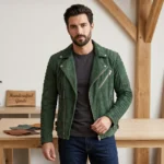 Forest Green Suede Leather Biker Jacket