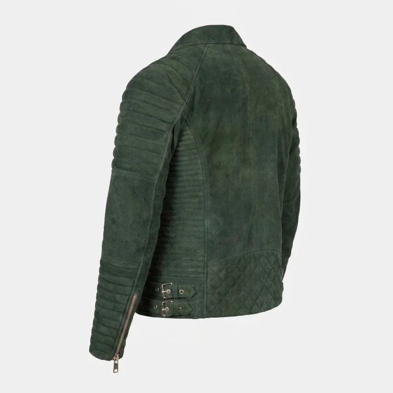 Men's Forest Green Suede Leather Biker Jacket with Quilted Shoulders - Image 4