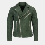 Men's Forest Green Suede Leather Biker Jacket with Quilted Shoulders - Image 3
