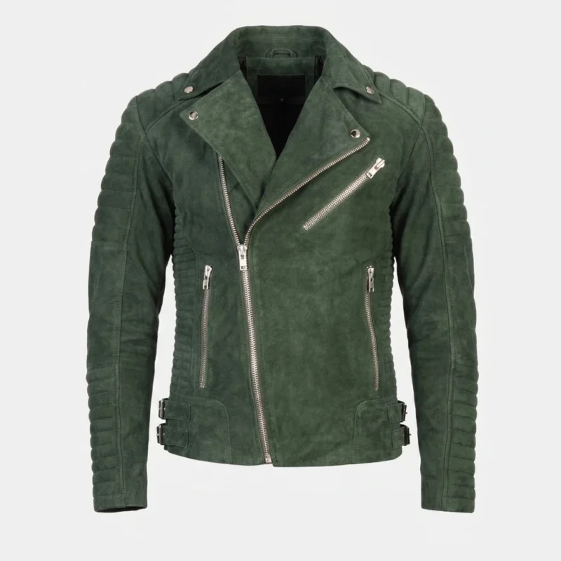 Men's Forest Green Suede Leather Biker Jacket with Quilted Shoulders - Image 3