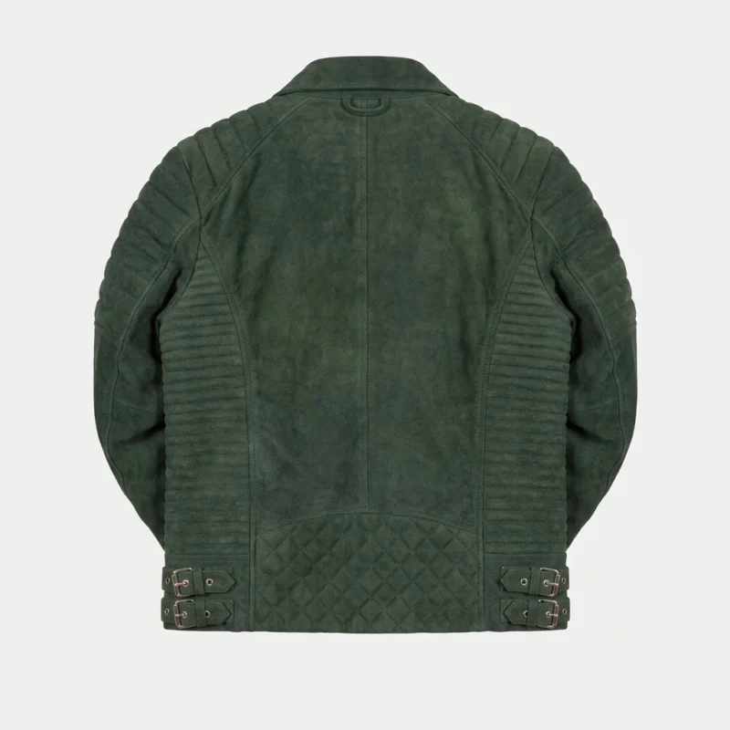 Men's Forest Green Suede Leather Biker Jacket with Quilted Shoulders - Image 5