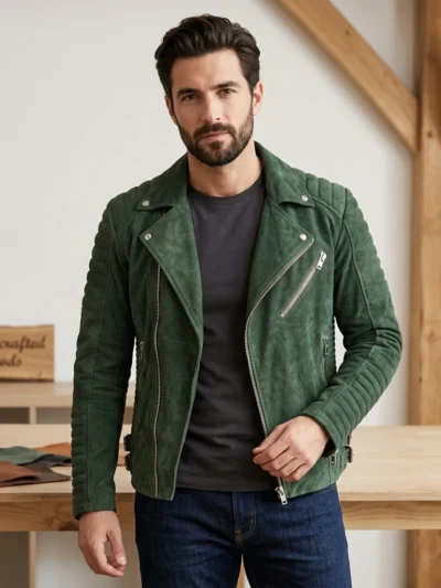 Forest Green Suede Leather Biker Jacket
