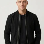 Mens Black Suede Jacket Minimalist Zip Front Stand Collar