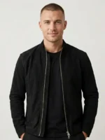 Mens Black Suede Jacket Minimalist Zip Front Stand Collar