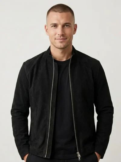 Mens Black Suede Jacket Minimalist Zip Front Stand Collar