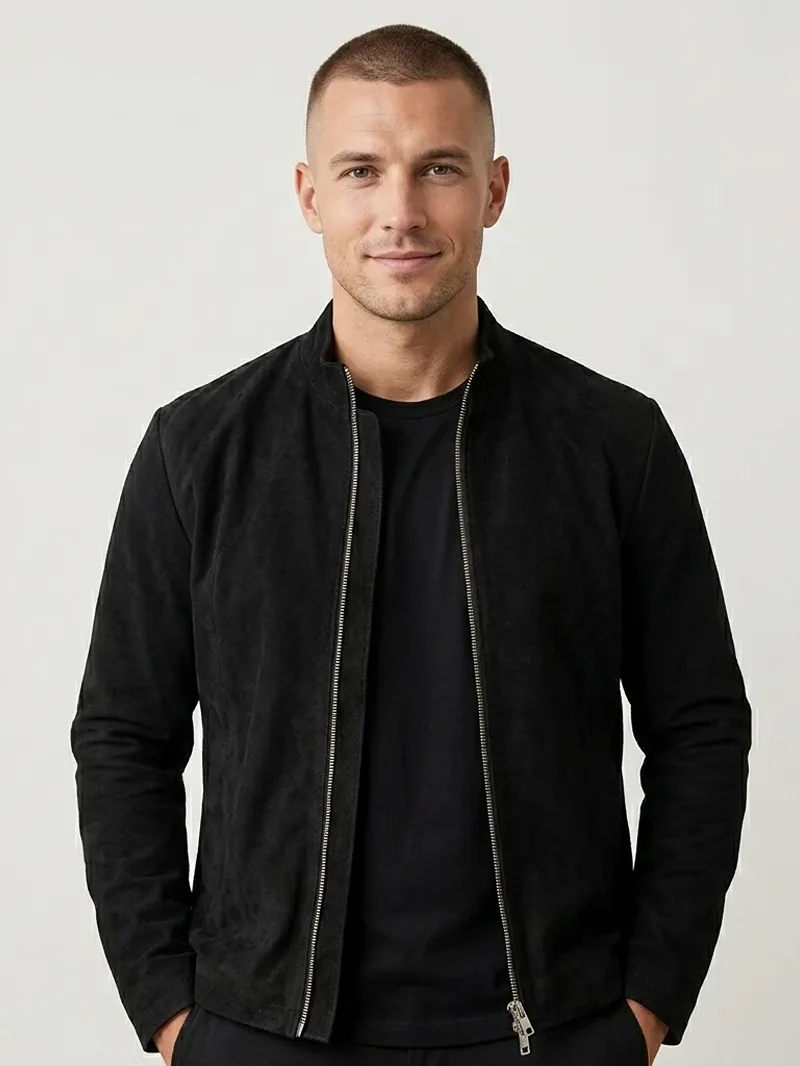 Mens Black Suede Jacket Minimalist Zip Front Stand Collar (1) Mens Black Suede Jacket Minimalist Zip Front Stand Collar