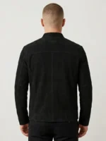 Mens Black Suede Jacket Minimalist Zip Front Stand Collar back side