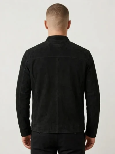 Mens Black Suede Jacket Minimalist Zip Front Stand Collar back side