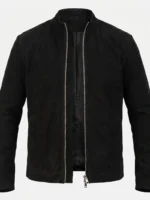 Mens Black Suede Jacket Minimalist Zip Front Stand Collar - Image 3