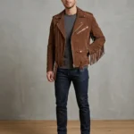 Mens Brown Suede Biker Jacket with Fringe