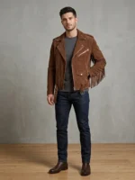 Mens Brown Suede Biker Jacket with Fringe