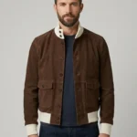 Men wearing Brown Suede Bomber Jacket with Ribbed Collar and Utility Pockets