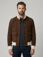 Men wearing Brown Suede Bomber Jacket with Ribbed Collar and Utility Pockets