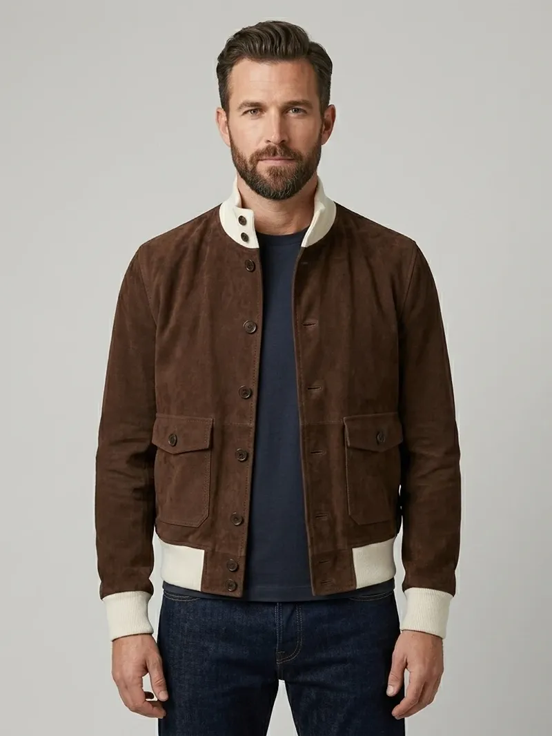 Mens Brown Suede Bomber Jacket With Ribbed Collar And Utility Pockets (1) Men wearing Brown Suede Bomber Jacket with Ribbed Collar and Utility Pockets