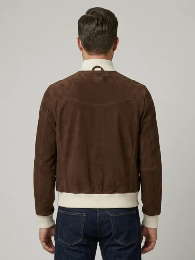 Mens Brown Suede Bomber Jacket with Ribbed Collar and Utility Pockets back