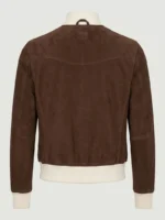 Mens Brown Suede Bomber Jacket with Ribbed Collar and Utility Pockets back