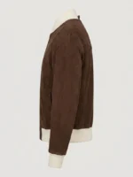 Mens Brown Suede Bomber Jacket with Ribbed Collar and Utility Pockets - Image 5