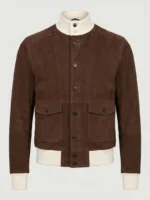 Mens Brown Suede Bomber Jacket with Ribbed Collar and Utility Pockets front