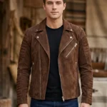 Mens Brown Suede Quilted Sleeve Biker Jacket Asymmetrical Zip