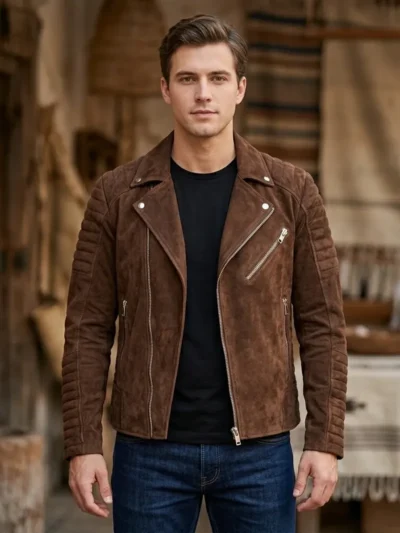 Mens Brown Suede Quilted Sleeve Biker Jacket Asymmetrical Zip