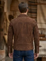 Mens Brown Suede Quilted Sleeve Biker Jacket Asymmetrical Zip back