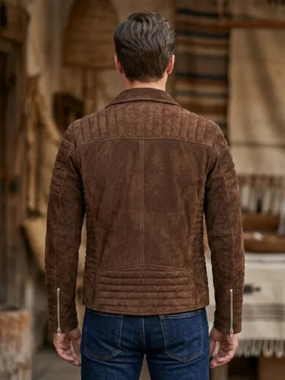 Mens Brown Suede Quilted Sleeve Biker Jacket Asymmetrical Zip back