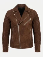 Mens Brown Suede Quilted Sleeve Biker Jacket Asymmetrical Zip - Image 3