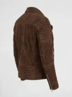 Mens Brown Suede Quilted Sleeve Biker Jacket Asymmetrical Zip - Image 4