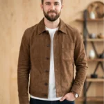 Mens Brown Suede Shirt Jacket Classic Button Front Casual Style