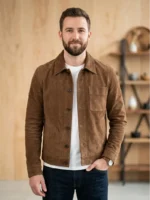 Mens Brown Suede Shirt Jacket Classic Button Front Casual Style