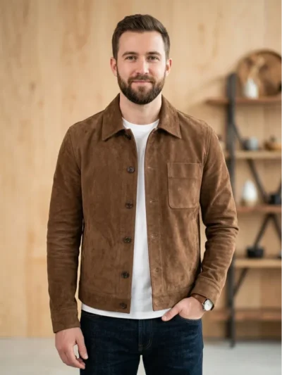 Mens Brown Suede Shirt Jacket Classic Button Front Casual Style