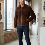 Mens Brown Suede Western Fringe Jacket