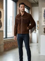 Mens Brown Suede Western Fringe Jacket