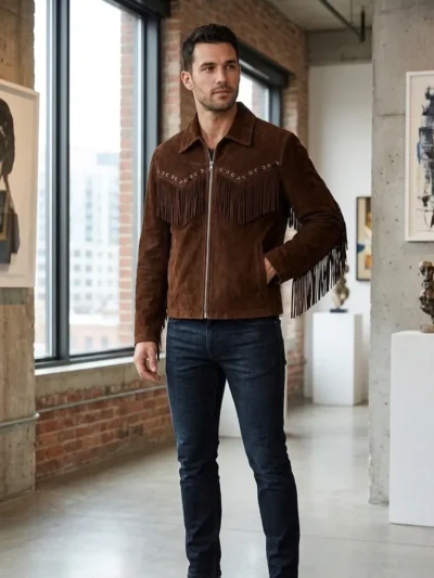 Mens Brown Suede Western Fringe Jacket