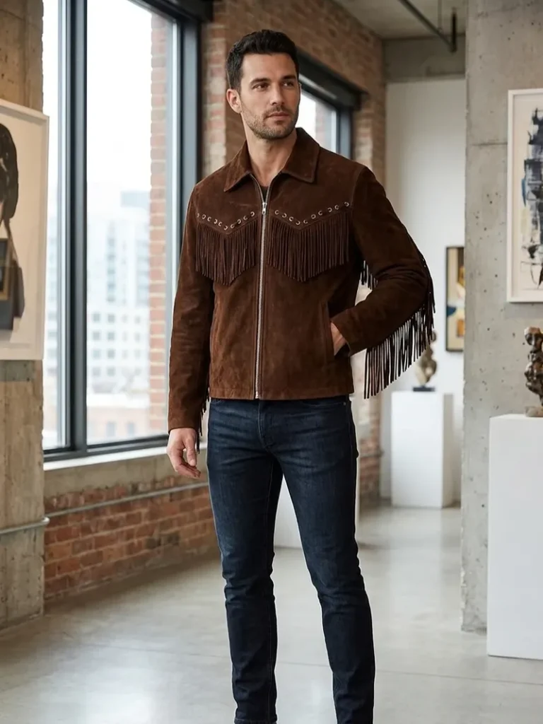 Mens Brown Suede Western Fringe Jacket