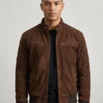 Mens Dark Brown Suede Bomber Jacket Stand Collar Ribbed Cuffs men wearing