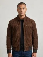 Mens Dark Brown Suede Bomber Jacket Stand Collar Ribbed Cuffs men wearing