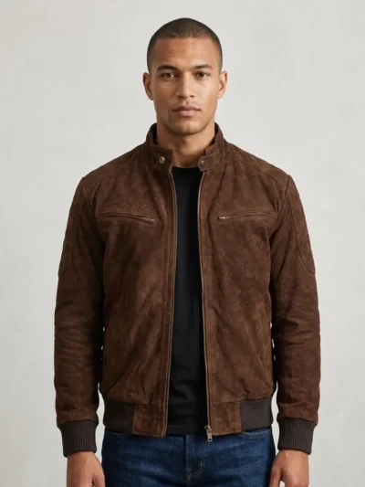 Mens Dark Brown Suede Bomber Jacket Stand Collar Ribbed Cuffs men wearing