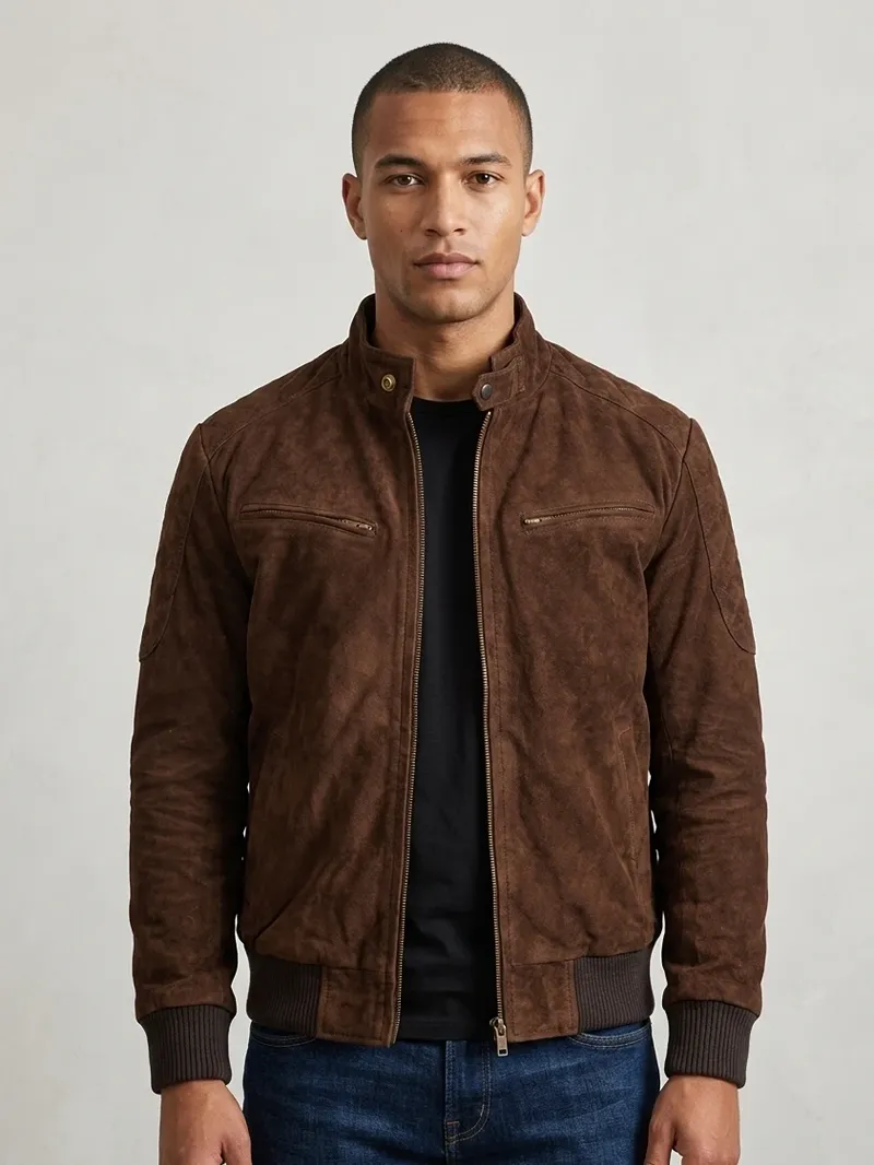 Mens Dark Brown Suede Bomber Jacket Stand Collar Ribbed Cuffs (1) Mens Dark Brown Suede Bomber Jacket Stand Collar Ribbed Cuffs men wearing