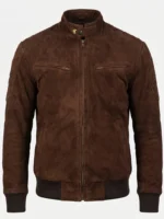Mens Dark Brown Suede Bomber Jacket Stand Collar Ribbed Cuffs
